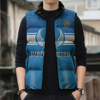 Custom World Football 2026 Uzbekistan Sleeveless Puffer Jacket Uzbek Ikat Pattern with Humo Bird - Wonder Print Shop