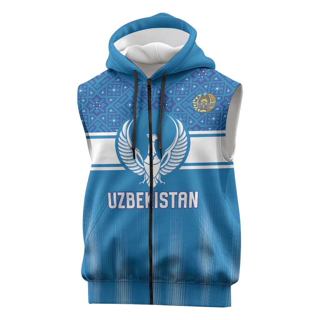 Custom World Football 2026 Uzbekistan Sleeveless Zip Hoodie Uzbek Ikat Pattern with Humo Bird - Wonder Print Shop