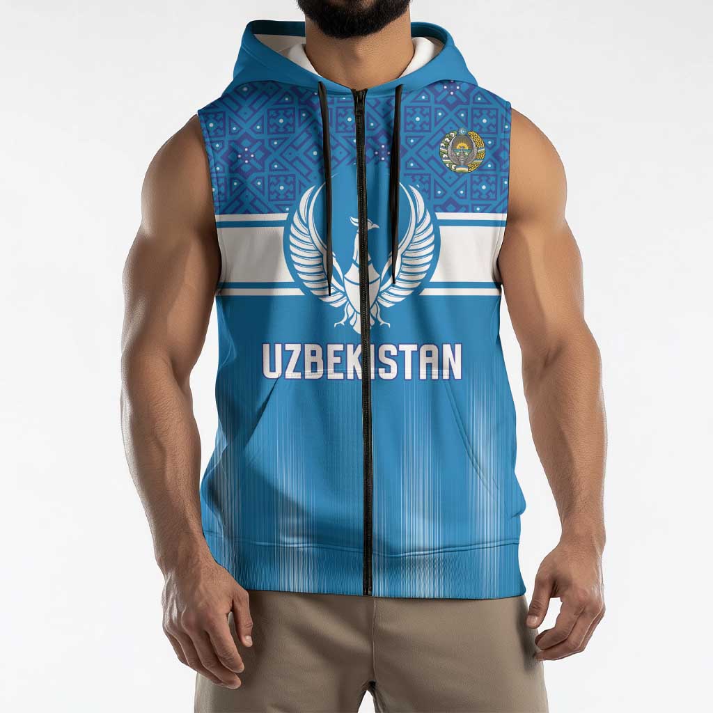 Custom World Football 2026 Uzbekistan Sleeveless Zip Hoodie Uzbek Ikat Pattern with Humo Bird - Wonder Print Shop