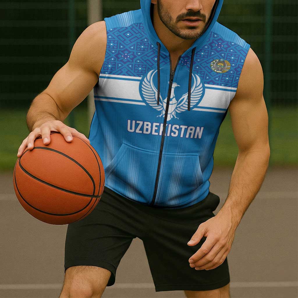 Custom World Football 2026 Uzbekistan Sleeveless Zip Hoodie Uzbek Ikat Pattern with Humo Bird - Wonder Print Shop