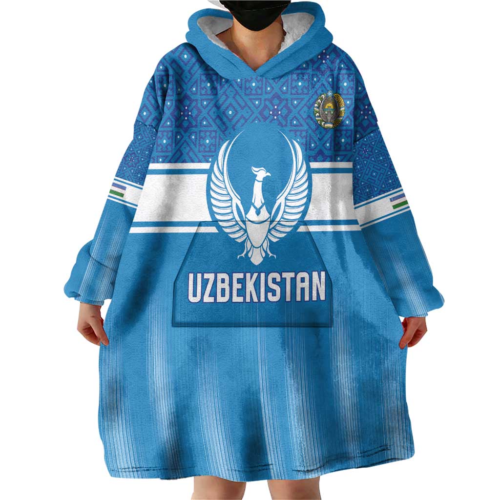 Custom World Football 2026 Uzbekistan Wearable Blanket Hoodie Uzbek Ikat Pattern with Humo Bird - Wonder Print Shop