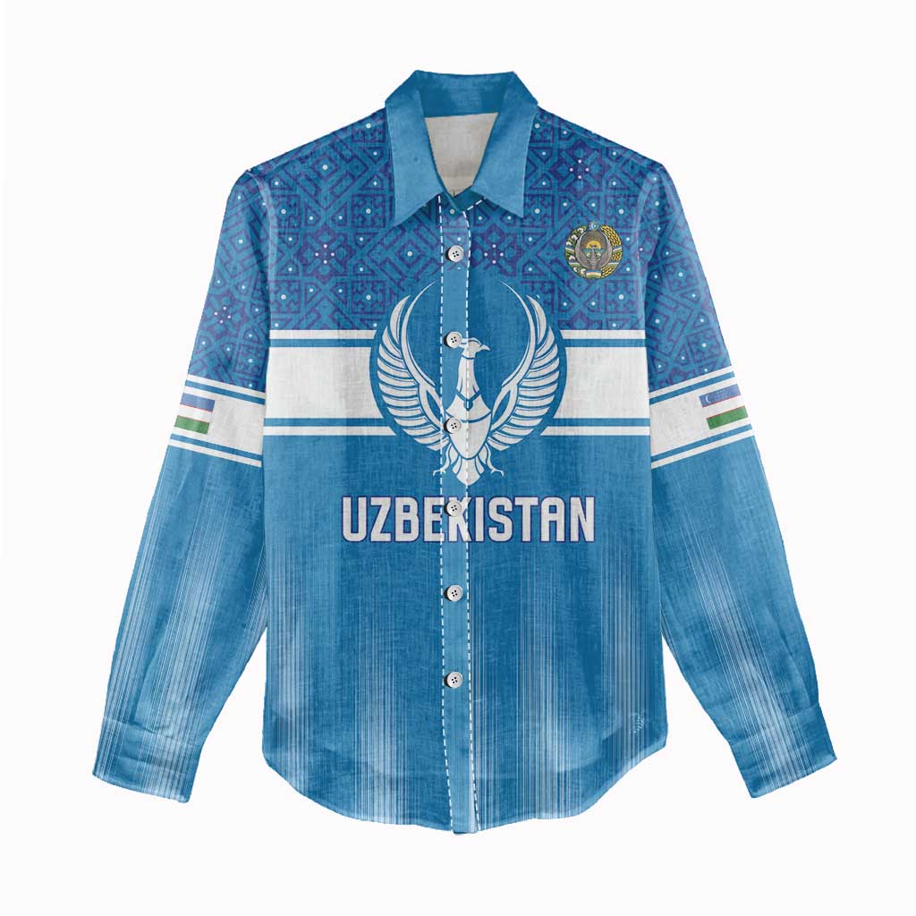 Custom World Football 2026 Uzbekistan Women Casual Shirt Uzbek Ikat Pattern with Humo Bird - Wonder Print Shop