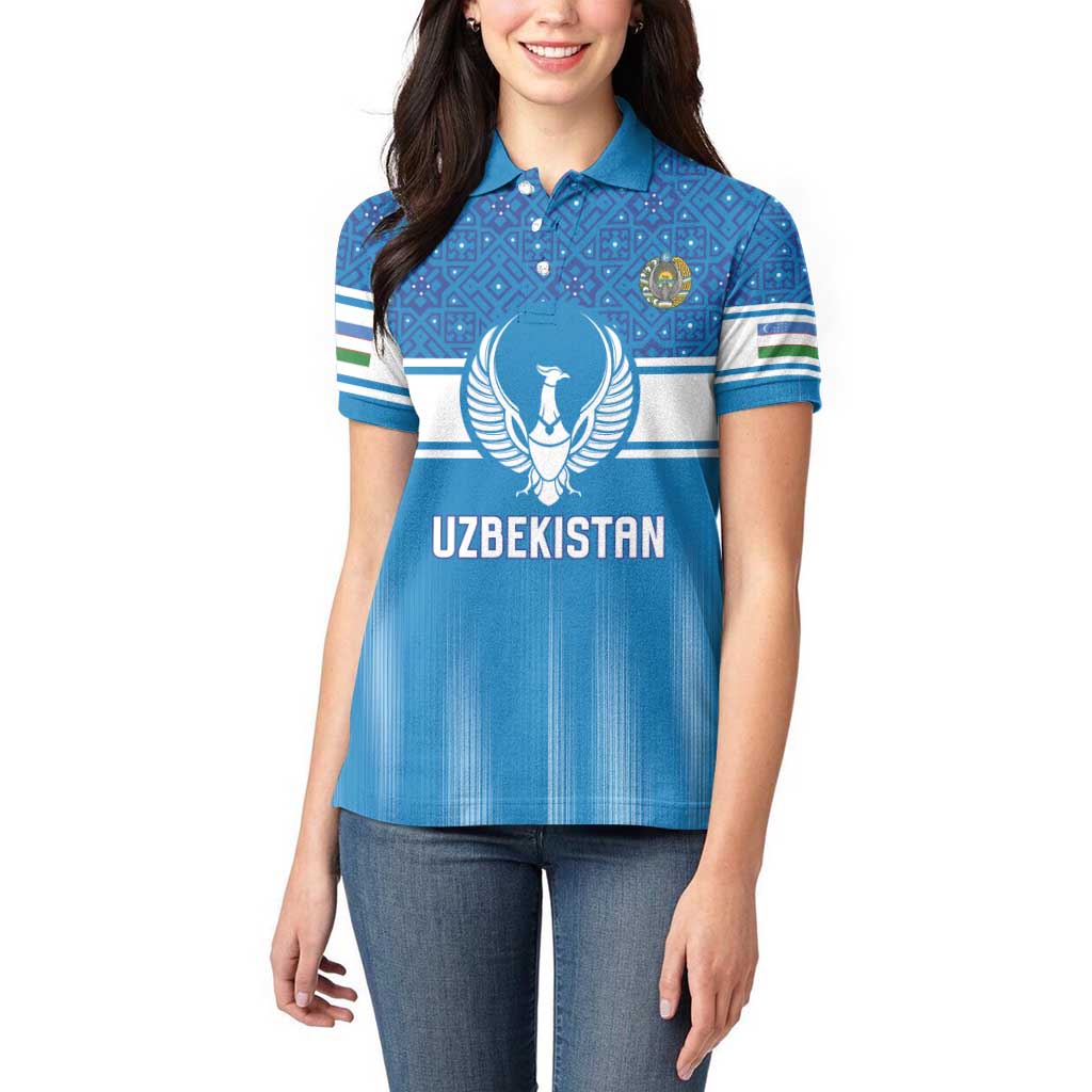 Custom World Football 2026 Uzbekistan Women Polo Shirt Uzbek Ikat Pattern with Humo Bird - Wonder Print Shop