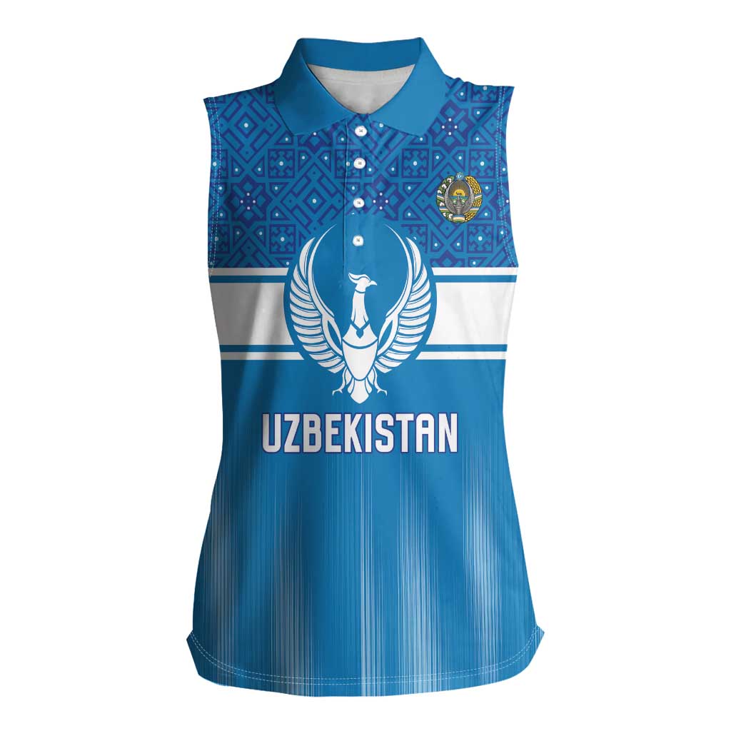 Custom World Football 2026 Uzbekistan Women Sleeveless Polo Shirt Uzbek Ikat Pattern with Humo Bird - Wonder Print Shop