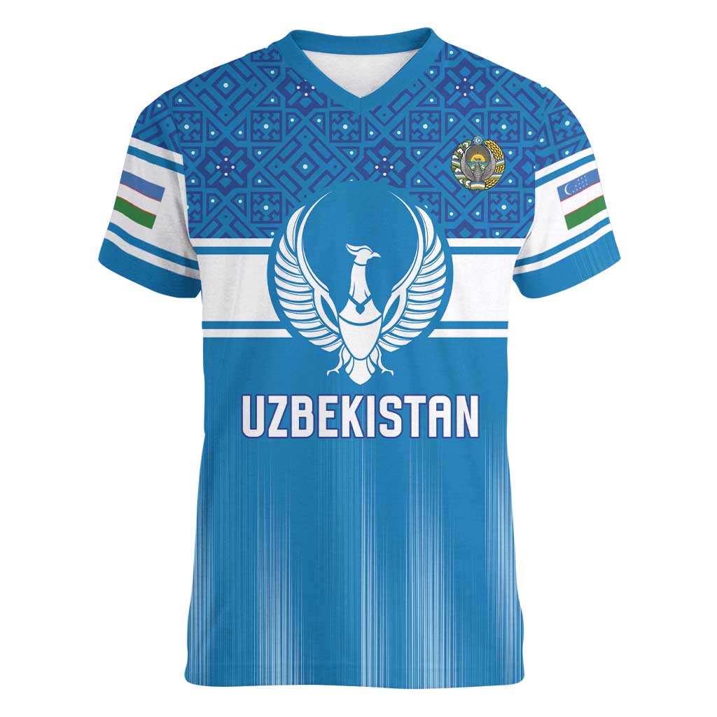 Custom World Football 2026 Uzbekistan Women V-Neck T-Shirt Uzbek Ikat Pattern with Humo Bird - Wonder Print Shop