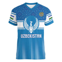 Custom World Football 2026 Uzbekistan Women V-Neck T-Shirt Uzbek Ikat Pattern with Humo Bird - Wonder Print Shop