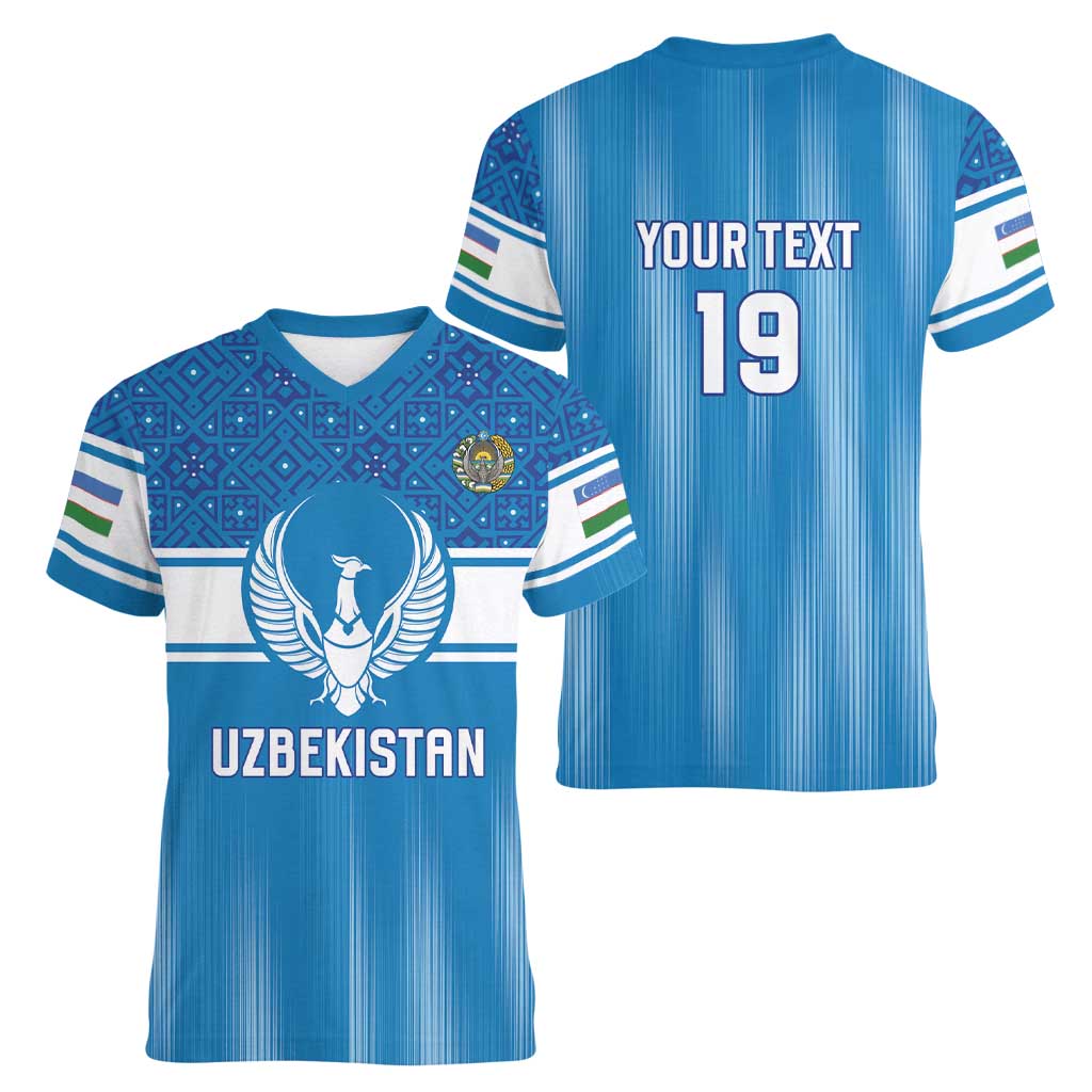 Custom World Football 2026 Uzbekistan Women V-Neck T-Shirt Uzbek Ikat Pattern with Humo Bird - Wonder Print Shop