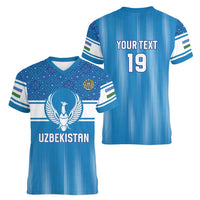 Custom World Football 2026 Uzbekistan Women V-Neck T-Shirt Uzbek Ikat Pattern with Humo Bird - Wonder Print Shop