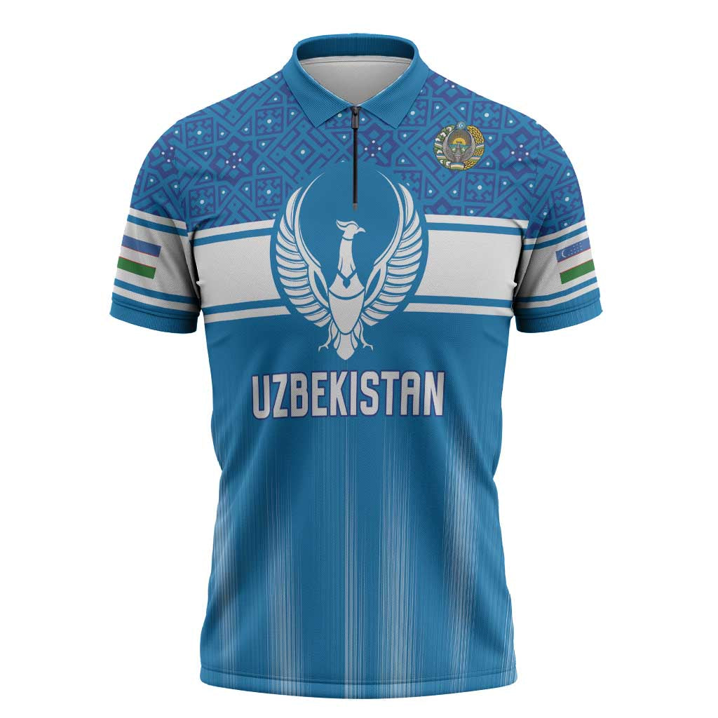 Custom World Football 2026 Uzbekistan Zipper Polo Shirt Uzbek Ikat Pattern with Humo Bird - Wonder Print Shop