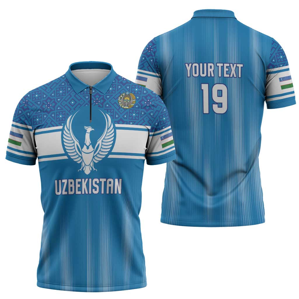 Custom World Football 2026 Uzbekistan Zipper Polo Shirt Uzbek Ikat Pattern with Humo Bird - Wonder Print Shop