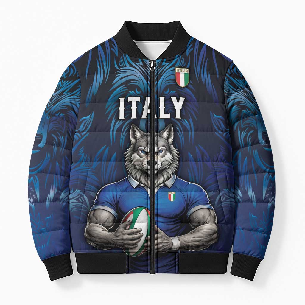 Custom Rugby Italy Bomber Puffer Jacket Azzurri Wolf Mascot Design