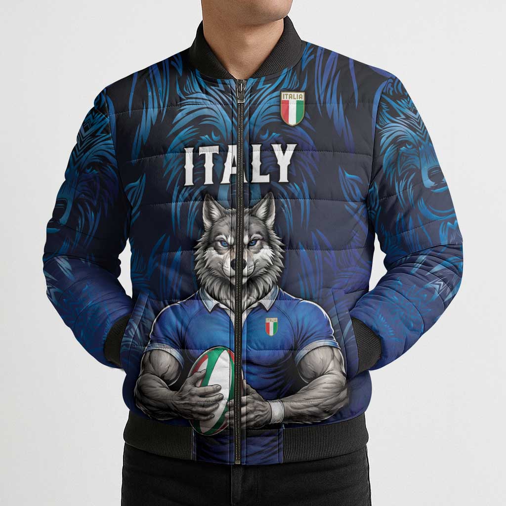 Custom Rugby Italy Bomber Puffer Jacket Azzurri Wolf Mascot Design
