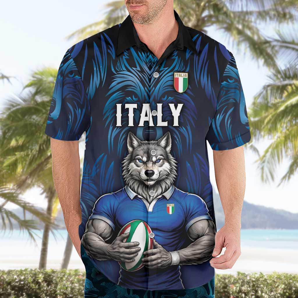Custom Rugby Italy Hawaiian Shirt Azzurri Wolf Mascot Design