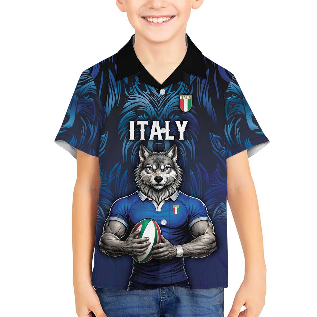 Custom Rugby Italy Kid Hawaiian Shirt Azzurri Wolf Mascot Design