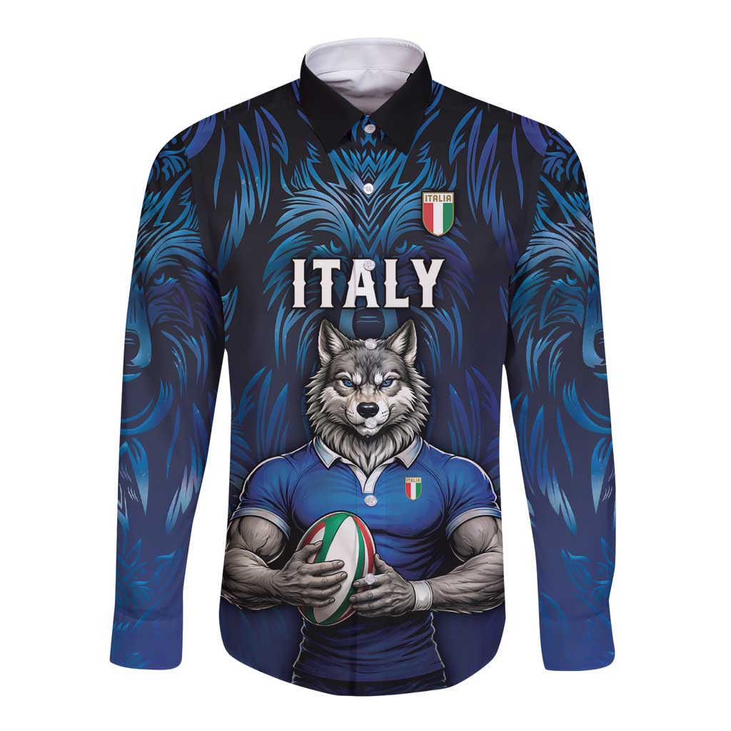 Custom Rugby Italy Long Sleeve Button Shirt Azzurri Wolf Mascot Design
