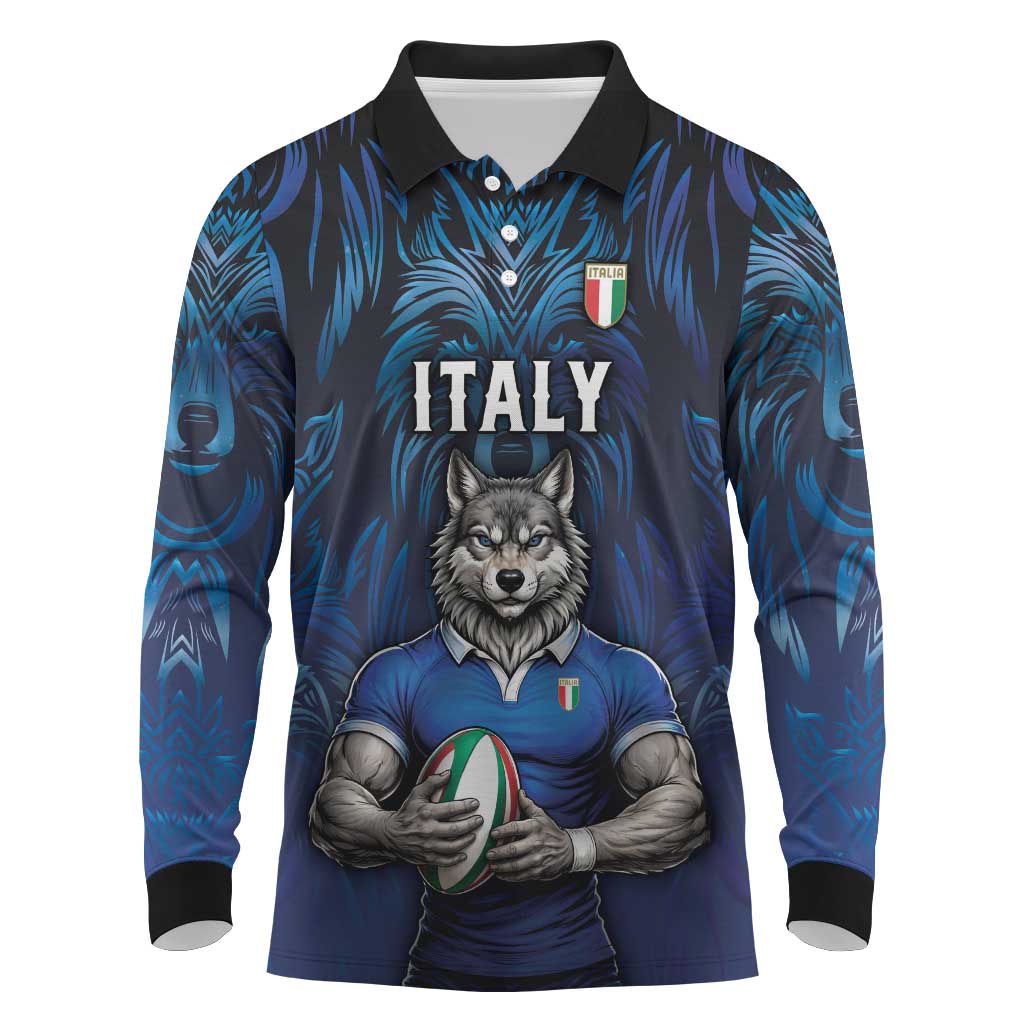 Custom Rugby Italy Long Sleeve Polo Shirt Azzurri Wolf Mascot Design