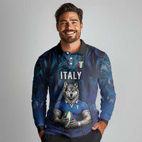 Custom Rugby Italy Long Sleeve Polo Shirt Azzurri Wolf Mascot Design