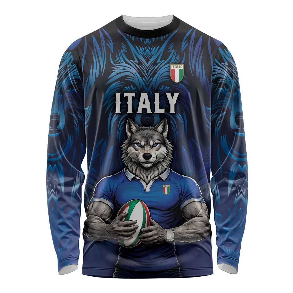 Custom Rugby Italy Long Sleeve Shirt Azzurri Wolf Mascot Design