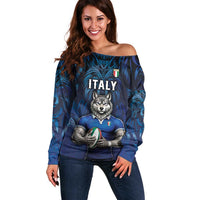 Custom Rugby Italy Off Shoulder Sweater Azzurri Wolf Mascot Design