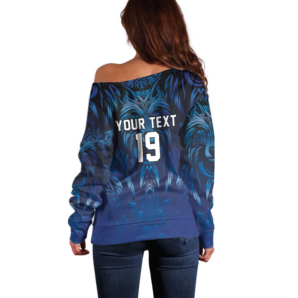 Custom Rugby Italy Off Shoulder Sweater Azzurri Wolf Mascot Design