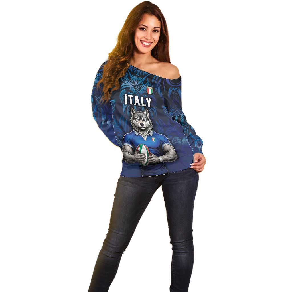 Custom Rugby Italy Off Shoulder Sweater Azzurri Wolf Mascot Design