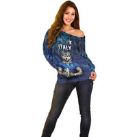 Custom Rugby Italy Off Shoulder Sweater Azzurri Wolf Mascot Design