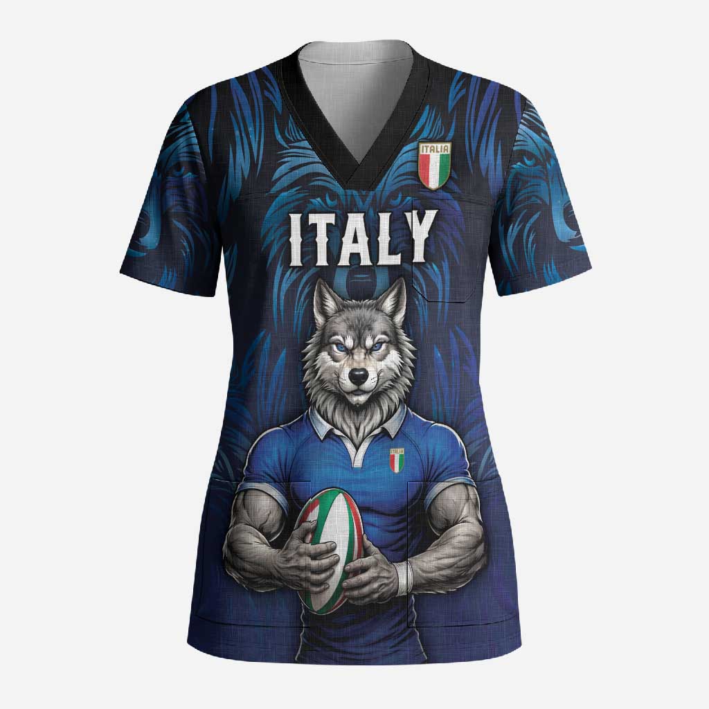 Custom Rugby Italy Scrub Top Azzurri Wolf Mascot Design