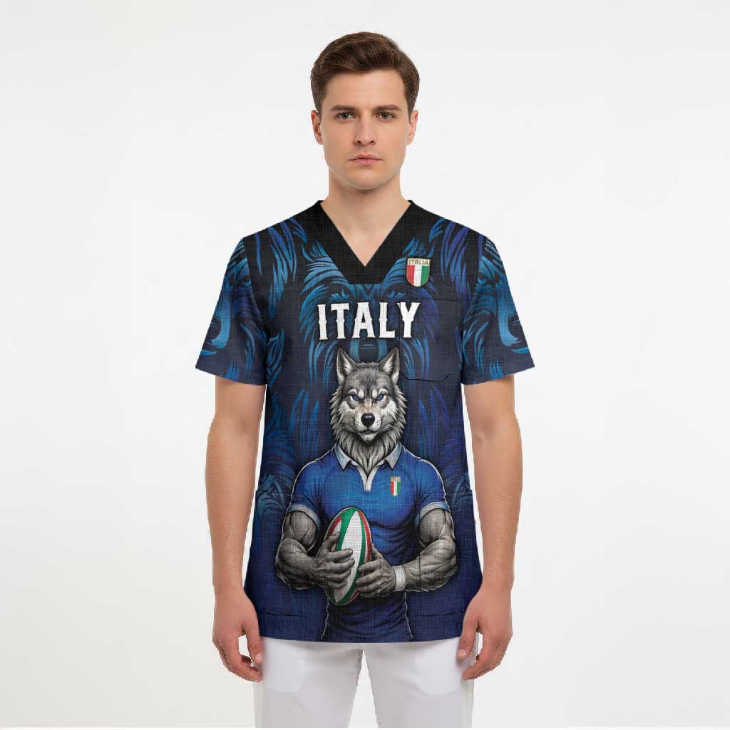 Custom Rugby Italy Scrub Top Azzurri Wolf Mascot Design