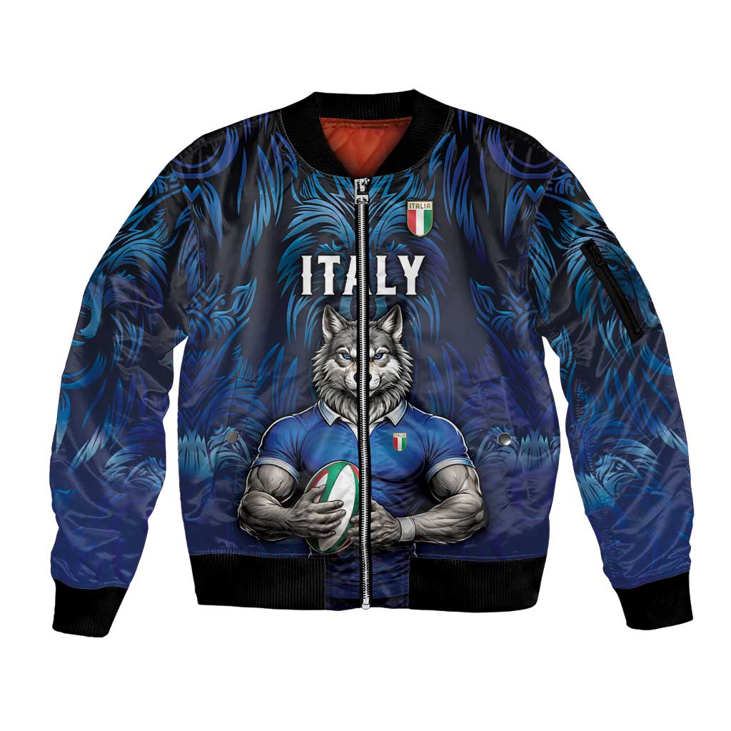 Custom Rugby Italy Sleeve Zip Bomber Jacket Azzurri Wolf Mascot Design