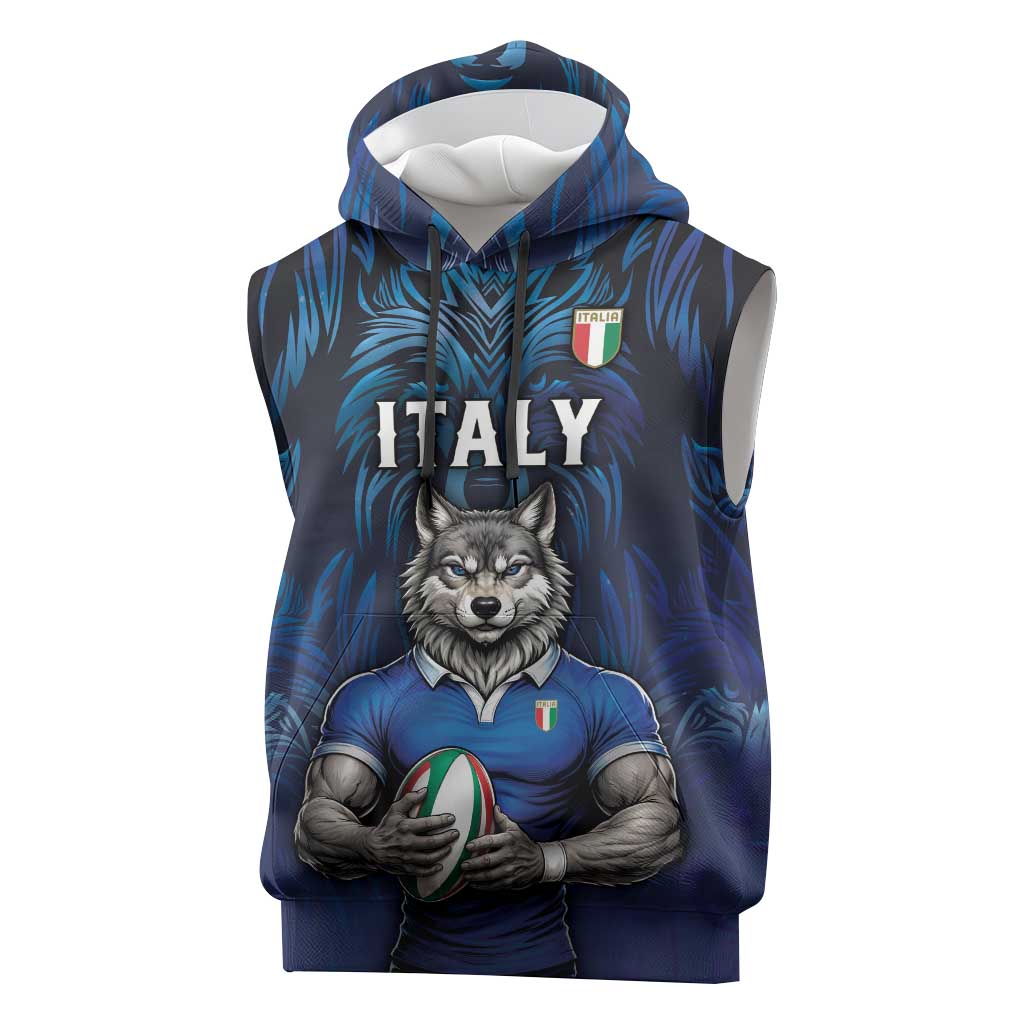 Custom Rugby Italy Sleeveless Hoodie Azzurri Wolf Mascot Design