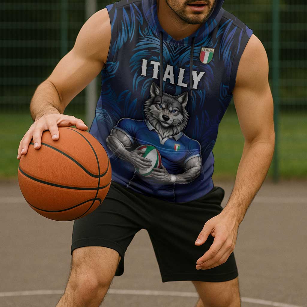 Custom Rugby Italy Sleeveless Hoodie Azzurri Wolf Mascot Design