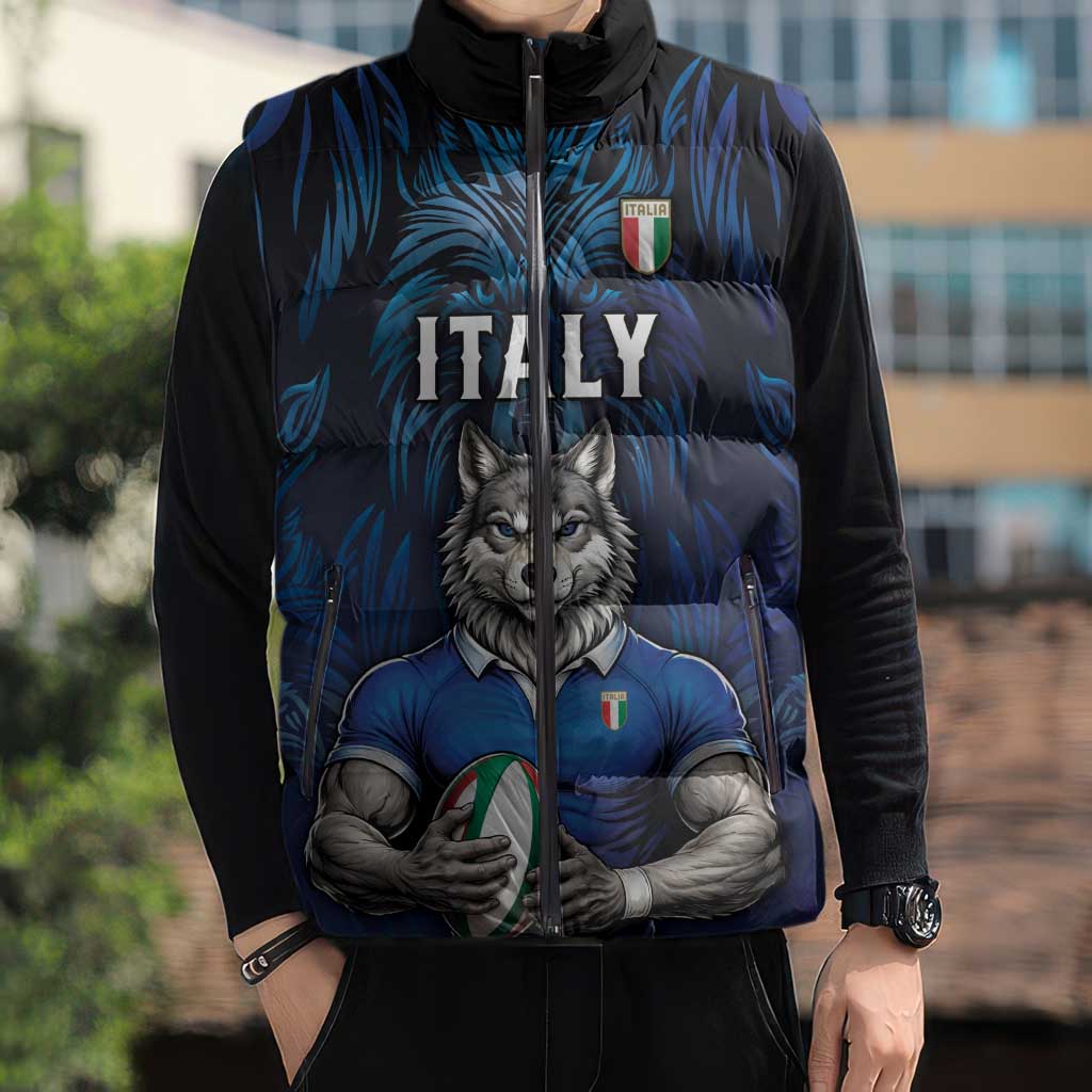 Custom Rugby Italy Sleeveless Puffer Jacket Azzurri Wolf Mascot Design
