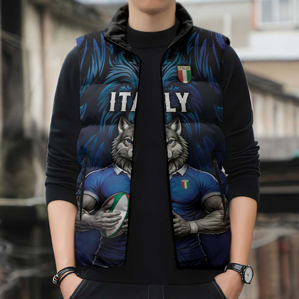 Custom Rugby Italy Sleeveless Puffer Jacket Azzurri Wolf Mascot Design