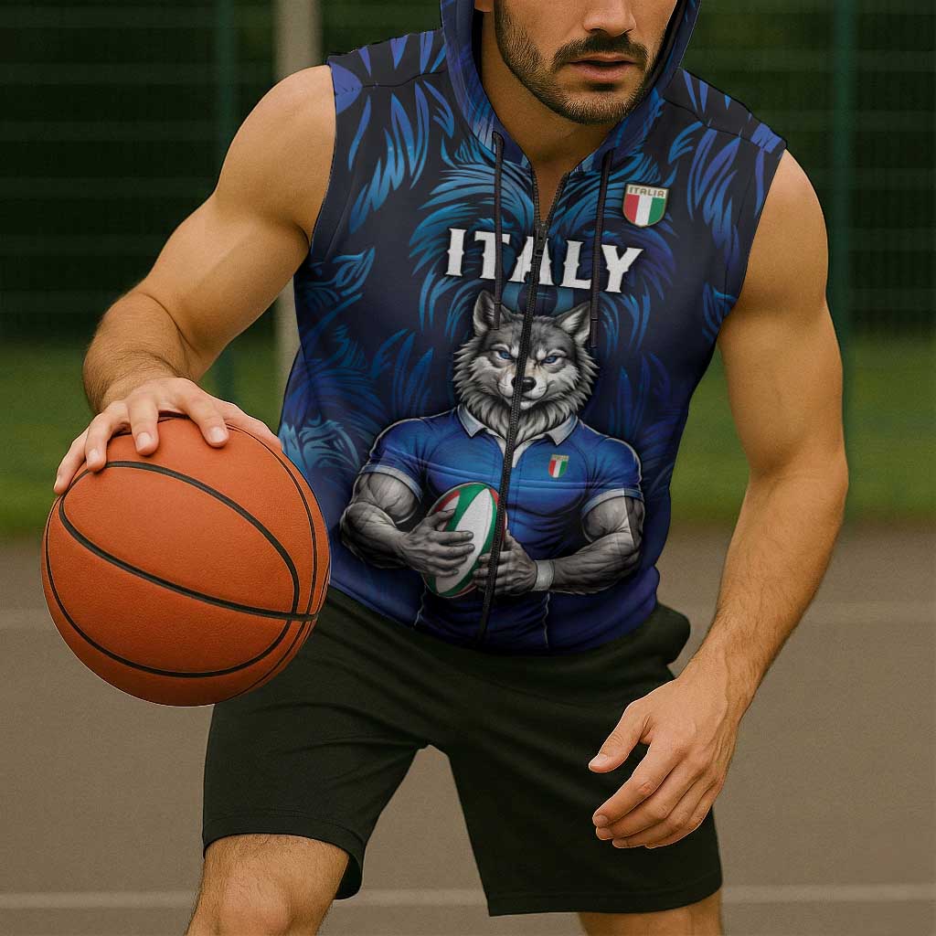 Custom Rugby Italy Sleeveless Zip Hoodie Azzurri Wolf Mascot Design