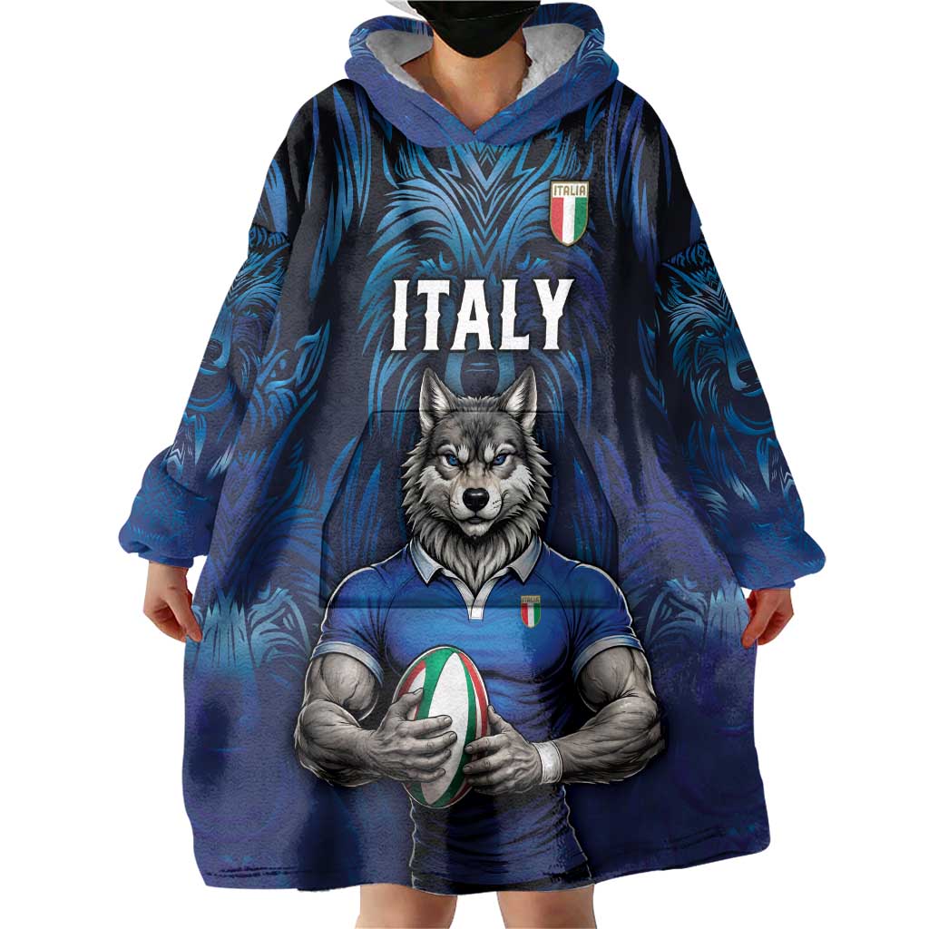 Custom Rugby Italy Wearable Blanket Hoodie Azzurri Wolf Mascot Design