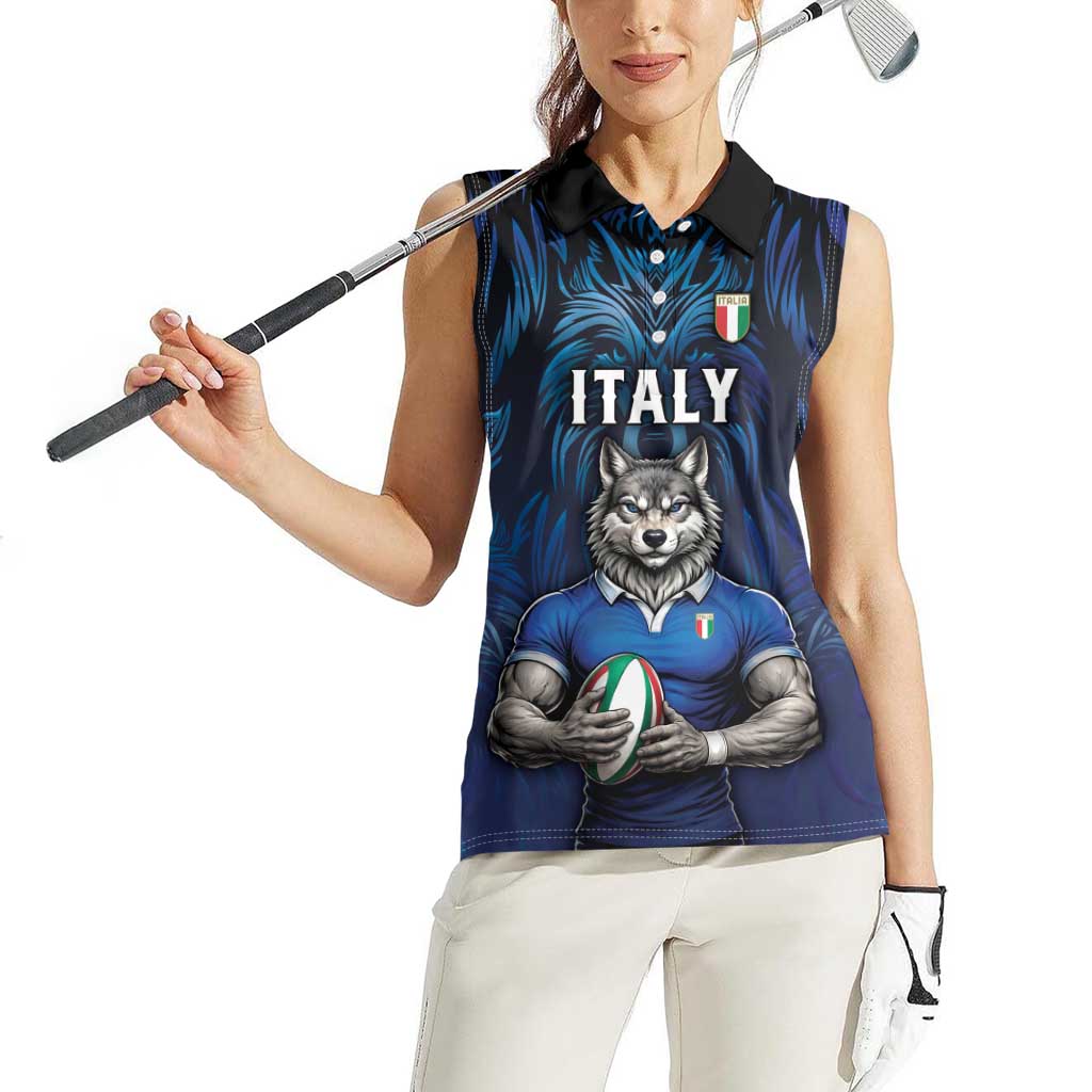 Custom Rugby Italy Women Sleeveless Polo Shirt Azzurri Wolf Mascot Design