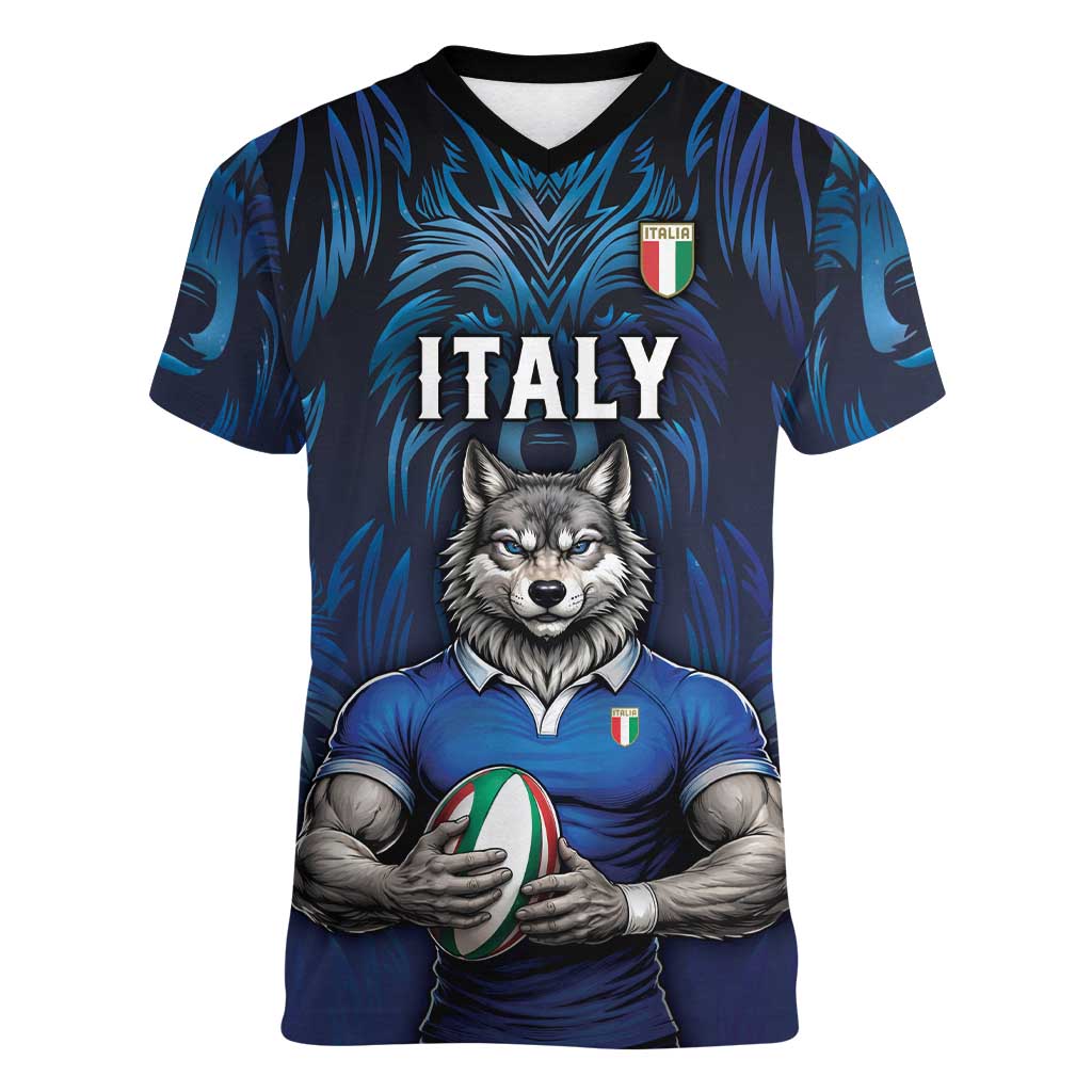 Custom Rugby Italy Women V-Neck T-Shirt Azzurri Wolf Mascot Design