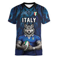 Custom Rugby Italy Women V-Neck T-Shirt Azzurri Wolf Mascot Design