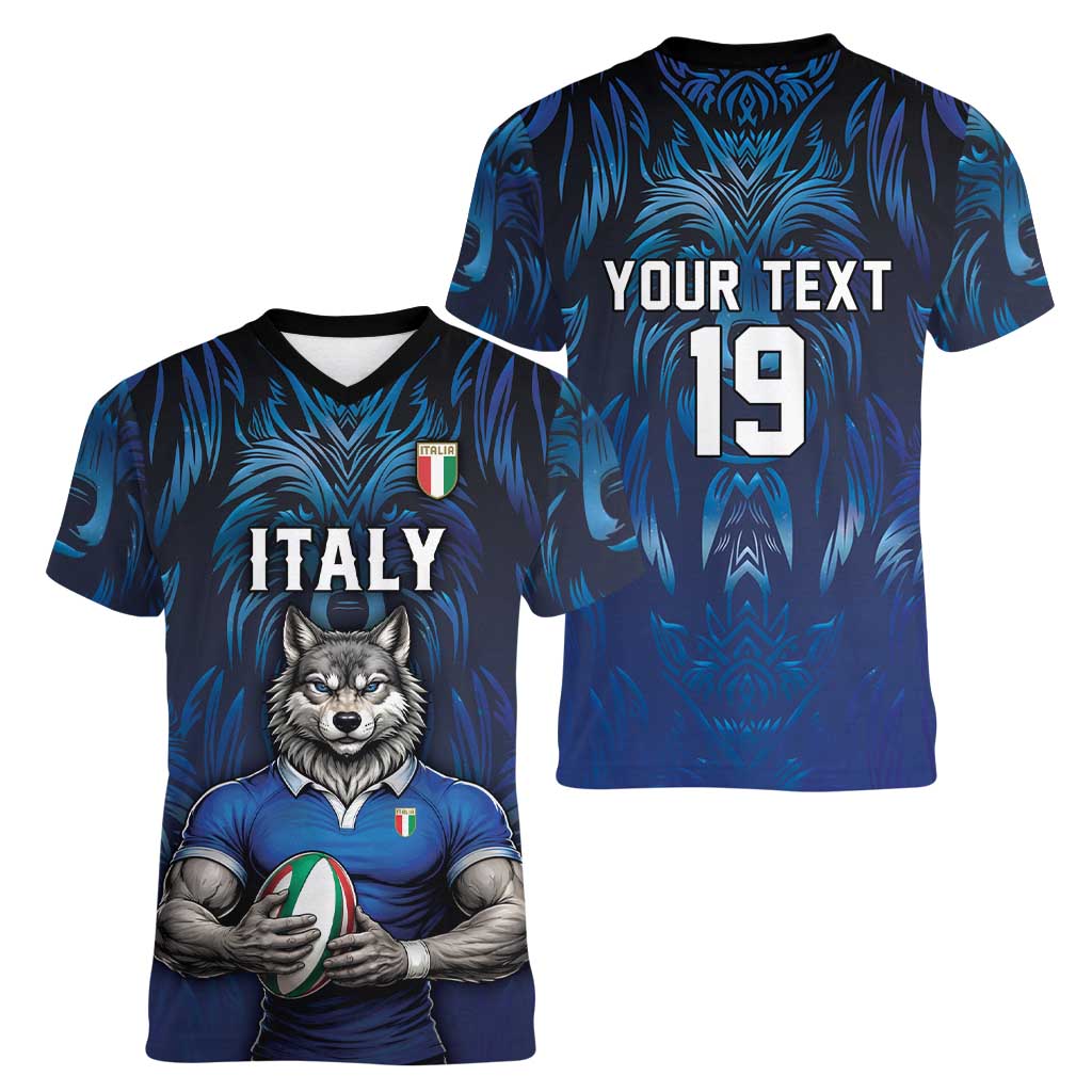 Custom Rugby Italy Women V-Neck T-Shirt Azzurri Wolf Mascot Design