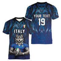 Custom Rugby Italy Women V-Neck T-Shirt Azzurri Wolf Mascot Design