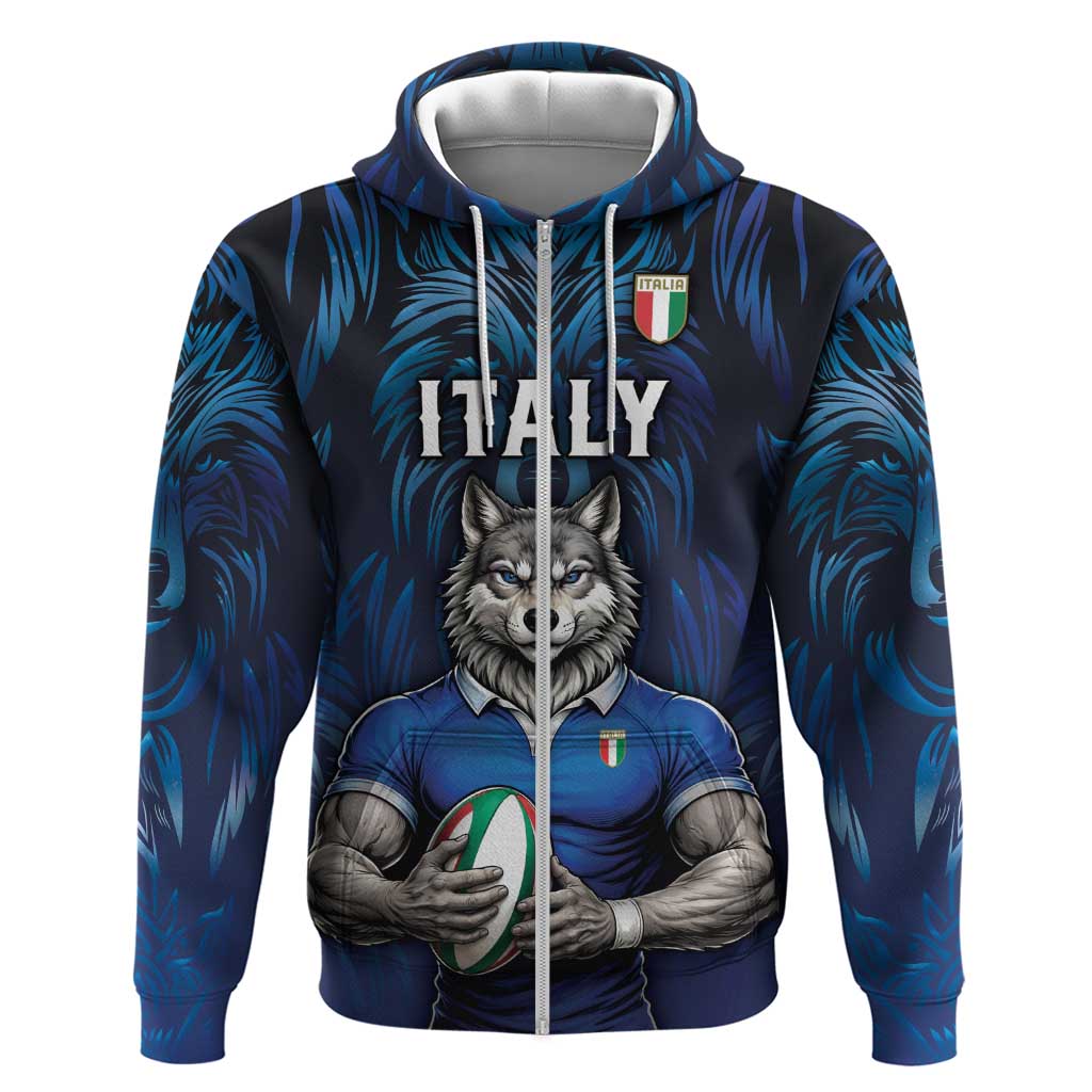 Custom Rugby Italy Zip Hoodie Azzurri Wolf Mascot Design
