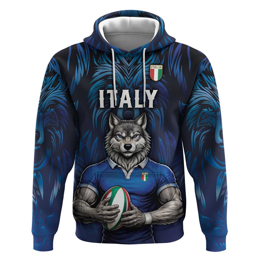 Custom Rugby Italy Zip Hoodie Azzurri Wolf Mascot Design