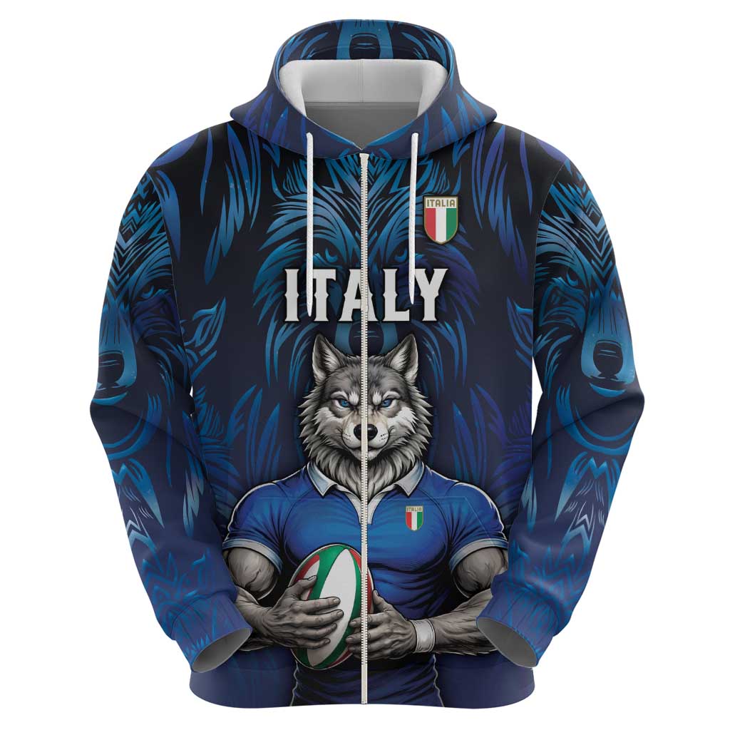Custom Rugby Italy Zip Hoodie Azzurri Wolf Mascot Design