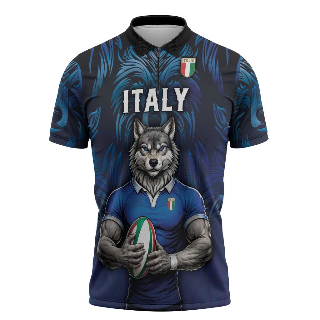Custom Rugby Italy Zipper Polo Shirt Azzurri Wolf Mascot Design