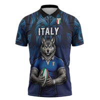 Custom Rugby Italy Zipper Polo Shirt Azzurri Wolf Mascot Design