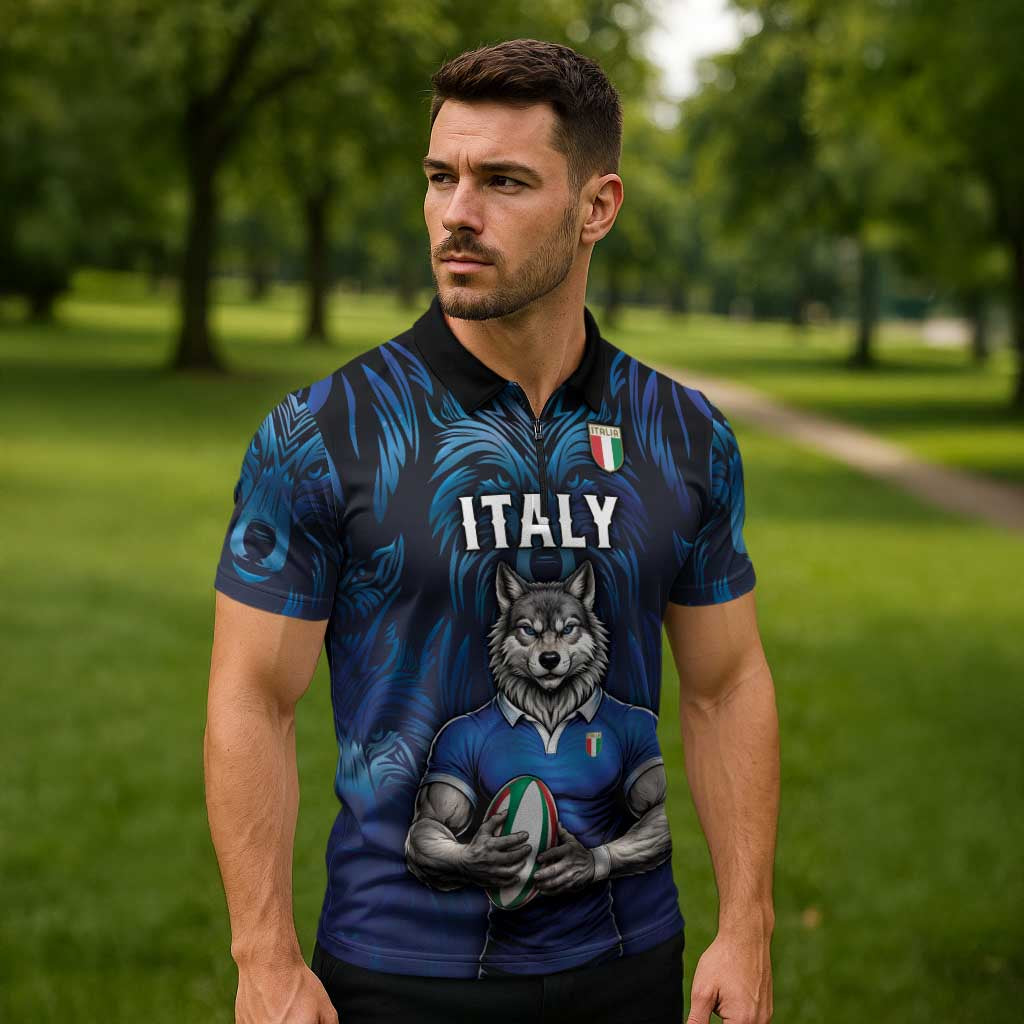 Custom Rugby Italy Zipper Polo Shirt Azzurri Wolf Mascot Design