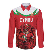 Custom Rugby Wales Long Sleeve Button Shirt Y Ddraig Goch Mascot Design
