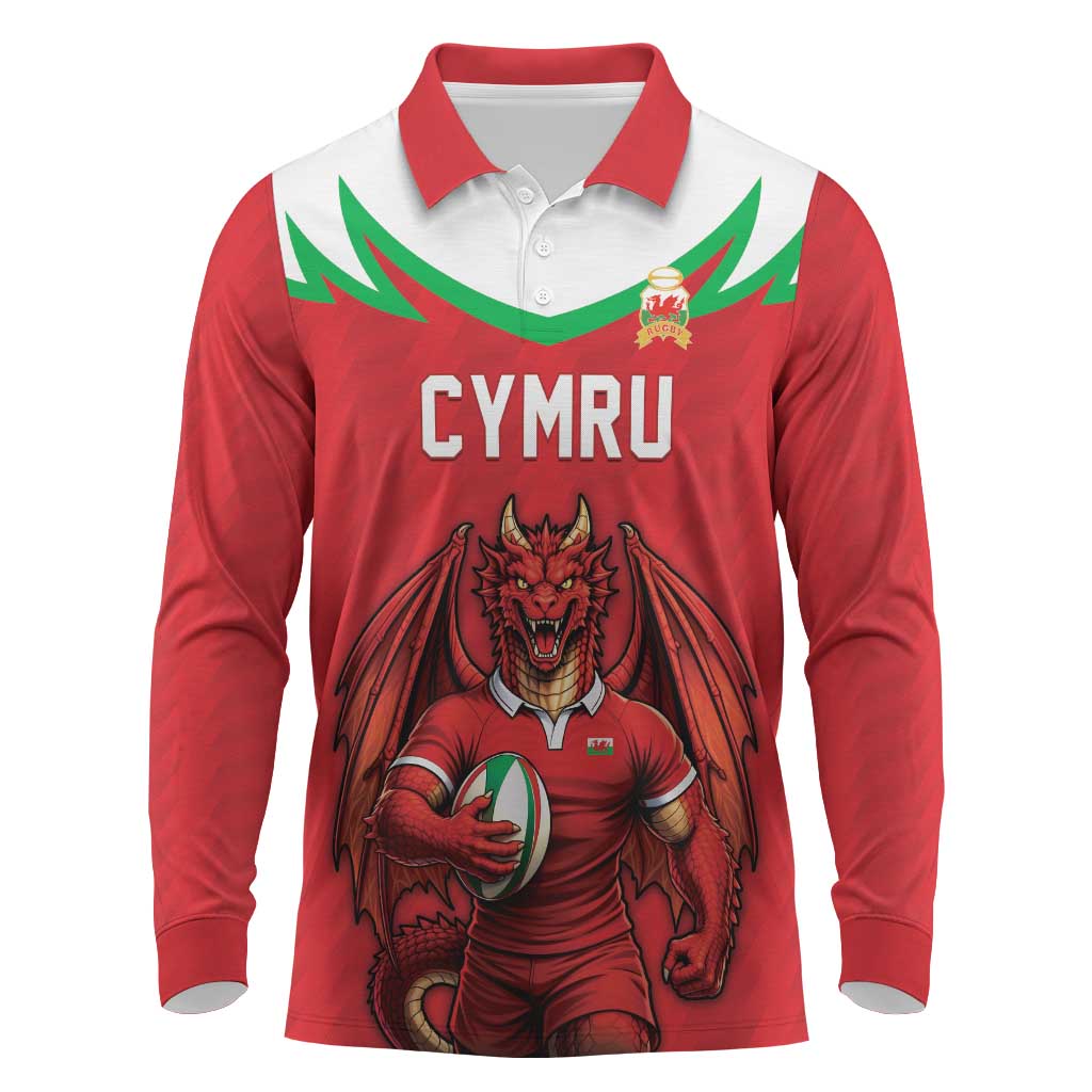 Custom Rugby Wales Long Sleeve Polo Shirt Y Ddraig Goch Mascot Design