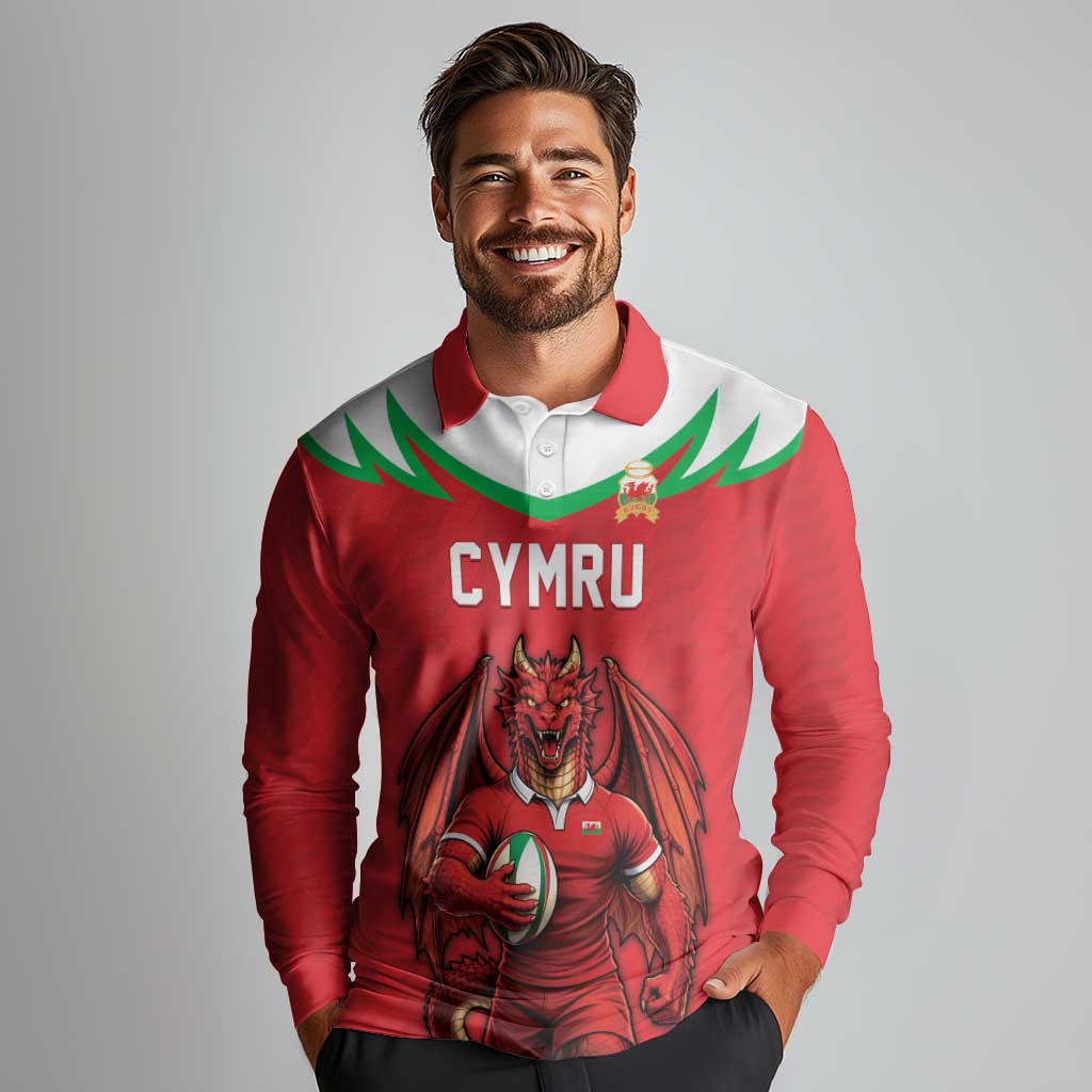 Custom Rugby Wales Long Sleeve Polo Shirt Y Ddraig Goch Mascot Design