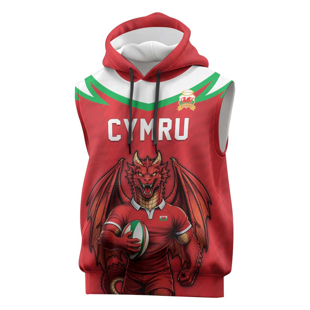 Custom Rugby Wales Sleeveless Hoodie Y Ddraig Goch Mascot Design